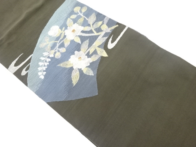 綴れ地紙に花葉模様織出し名古屋帯